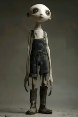 Surreal Humanoid Figure with Pale Face,Long Limbs,and Unconventional Proportions Captured in Cinematic 3D Render with Photographic Realism