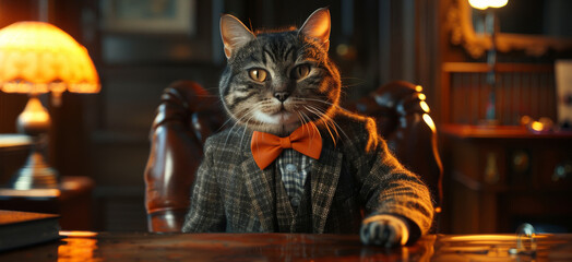 A cat is sitting at a desk wearing a suit and tie