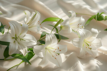 A bouquet of white flowers is arranged on a white cloth