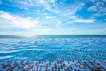 Serene blue seascape with cloud-filled skies and mosaic tiles