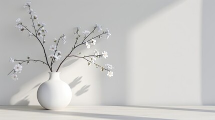 minimalist living room interior with ceramic vase and blossom twigs modern home decor