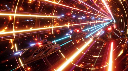 A squadron of high-tech spacecrafts streaking through a tunnel of retro neon lights, with beams of energy crisscrossing their path as they journey through the cosmos,
