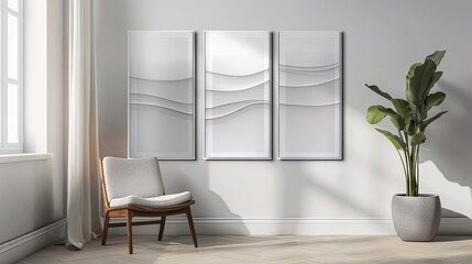 minimalist interior with framed artwork mockup on white wall 3d illustration