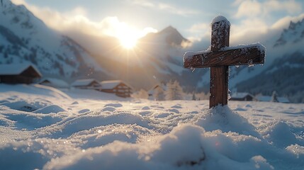 The wooden cross stands tall and proud in the snow-covered field.