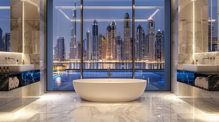 The photo shows a modern bathroom with a large bathtub, a big window, and a view of the city.