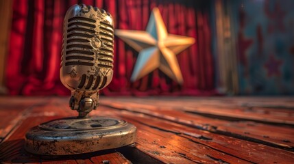 Vintage microphone on stage with star decoration in background