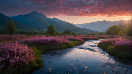 **Question:** Imagine a beautiful, isolated valley surrounded by high, mist-covered mountains, reminiscent of a scene from an anime. A sea of vivid wildflowers in every possible color, softly waving i