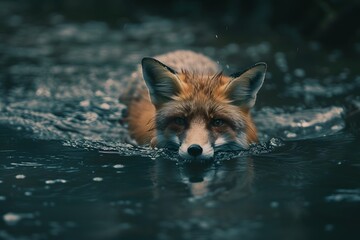 a fox swims in a deep river