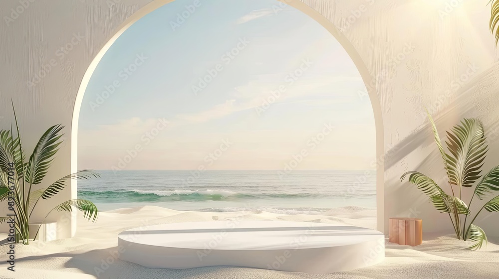 Poster minimalist summer product display with empty podium on beach swim scene 3d render