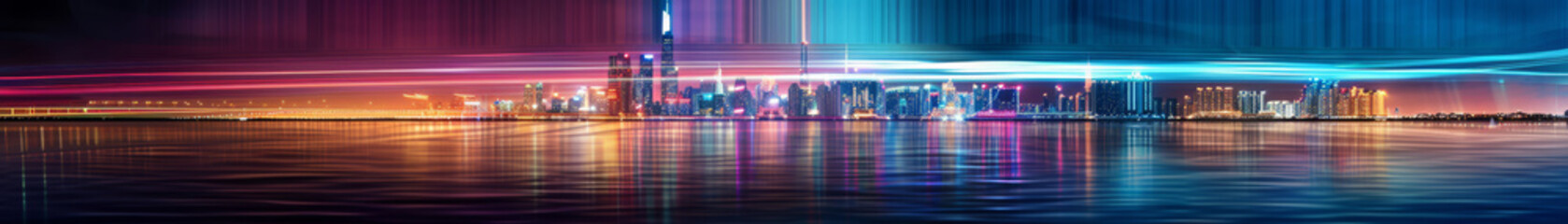 Surreal Cityscape Waterfront at Night with Colorful Light Trails