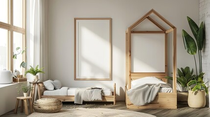 mock up frame in wooden childrens room natural furniture 3d interior rendering