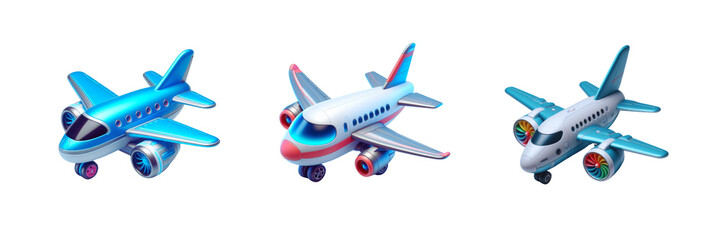 Naklejka premium Set of Three 3d Cartoon Airplane toy, isolated over on transparent white background