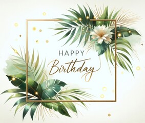 Fototapeta premium Tropical-themed birthday card with green leaves, white flower, and gold elements on light background