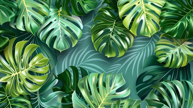 Vibrant Overlapping Tropical Leaves Filling the Frame with a Seamless, Contemporary Botanical Pattern on a Soft Blue Background