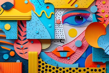 Vibrant and Layered Pop Art-Inspired Collage with Playful Cut-Out Shapes and Cinematic Photographic Rendering