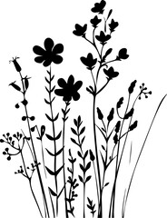 Wildflowers field - black silhouette. Vector illustration on white isolated background. Summer concept. Good for packaging, logo, and decor. AI generated illustration.
