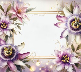 Elegant floral frame with passion flowers and lilies on watercolor background for invitations.