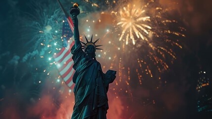 Illustration of the Statue of Liberty with an American flag and fireworks in the background. a symbol of America