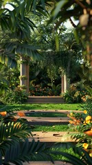 A lush garden with a stone path leading to a pavilion. The pavilion is surrounded by tropical plants and flowers.