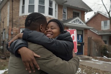 Beaming Couple Embraces in Front of Sold Home on Sunny Afternoon