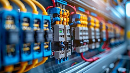 Detailed view of an electrical panel with colorful wires and switches.