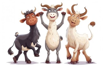 happy goat, cow cartoon standing like man and dancing isolated on white background 