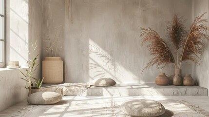 nomadic serenity minimalist interior with earthy textures and soft lighting peaceful 3d render