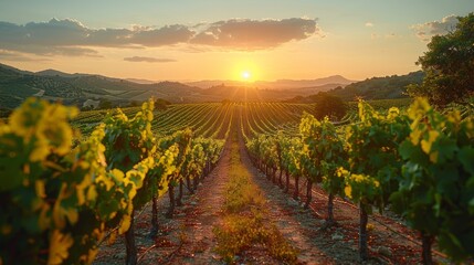 Sunlit Vineyard at Sunset