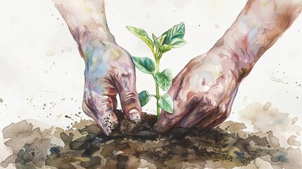 nurturing hands planting a delicate seedling in rich fertile soil symbol of growth and new beginnings watercolor illustration