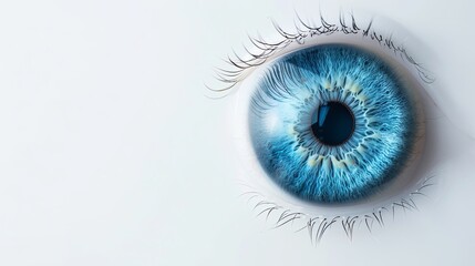 Close-Up of Vibrant Blue Eye on White Background with Copy-Space.