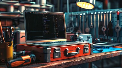 online technical support laptop and toolbox with various tools it assistance concept