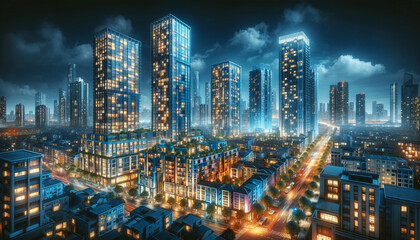 Modern high-rise buildings with illuminated windows and lights