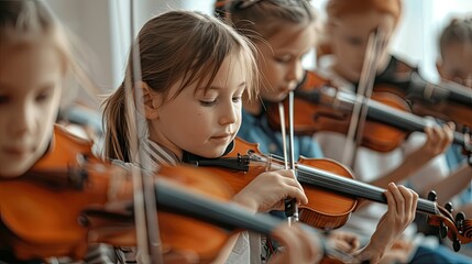 Young Girl Focused on Playing Violin.