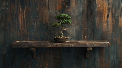 a single beautiful bonsai against a dark textural wall, product photography setup, a 4k photo of a dark wood shelf with japanese engravings, the shelf is empty, 