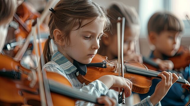 Young Girl Focused on Playing Violin.