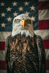 Naklejka premium A bald eagle stands in front of the American flag