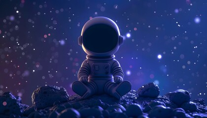 A 3D cartoon astronaut sitting cross-legged on an asteroid, with filled with small stars