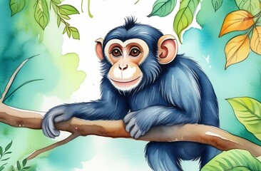 Cartoon character illustration, cute chimpanzee hanging on a vine, a tree branch with green leaves on a jungle background, animal welfare day, watercolor style