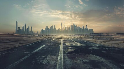 postapocalyptic dubai abandoned highway leading to ruined city skyline alien invasion survivor concept