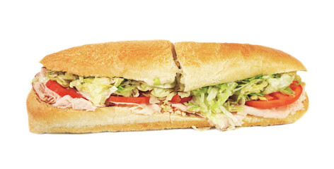 Large turkey or chicken sub deli sandwich, on a transparent background.