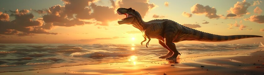 Tyrannosaurus Rex Roaring at Sunset Ocean Beach Landscape