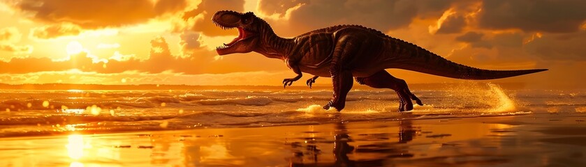 Carnotaurus Stalking Prey at Dramatic Sunset Beach Scene