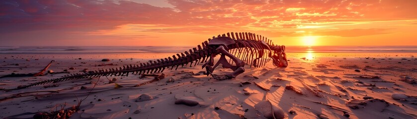 Fototapeta premium Prehistoric Fossil Emerging at Dusk on Coastal Beach