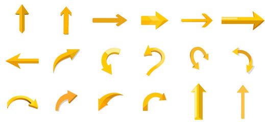 Collection of yellow arrows in various directions, straight and curved lines, isolated on transparent background, Generative AI