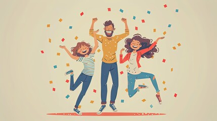 Online party concept. Man and woman with kid dancing together. Video call in social networks. Event, holiday and festival on internet. Cartoon flat vector illustraton isolated on beige background