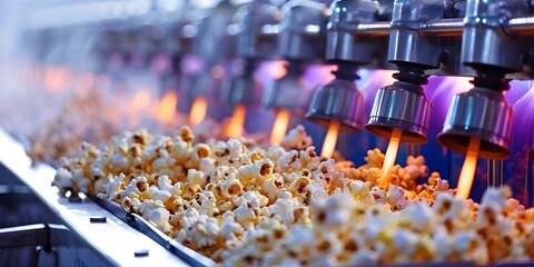 A row of popcorn machines at a stadium producing fresh buttery popcorn. Concept Food Industry,...