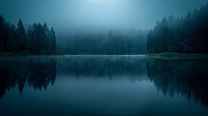 Dark sky before sunrise with a hint of light, quietly raining, peaceful forest or lake