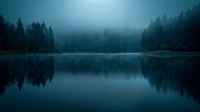 Dark sky before sunrise with a hint of light, quietly raining, peaceful forest or lake