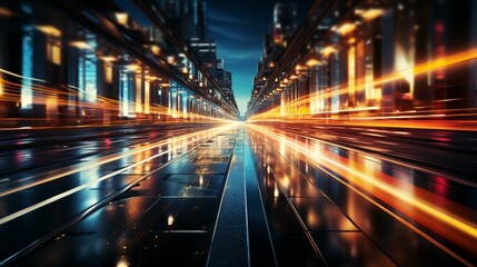 Fototapeta premium Abstract background of high speed global data transfer and super fast broadband in futuristic tech city at night - Generative AI illustration 