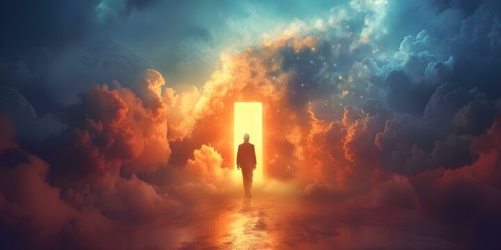 A persons soul transitions from life to afterlife symbolized by a heavenly door. Concept Afterlife Journey, Soul Transition, Heavenly Door, Spiritual Symbolism, Life Beyond